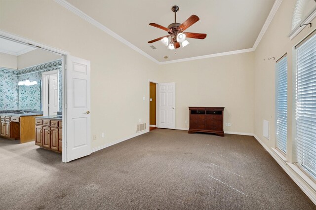 full bathroom featuring independent shower and bath, crown molding, vanity, and toilet