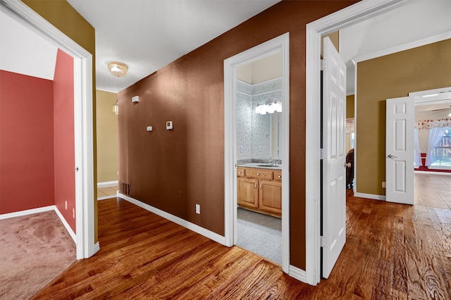 corridor featuring sink and hardwood / wood-style floors