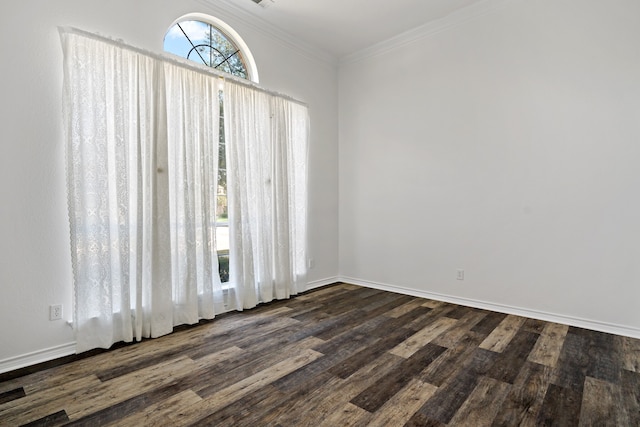 spare room featuring crown molding and dark wood-type flooring