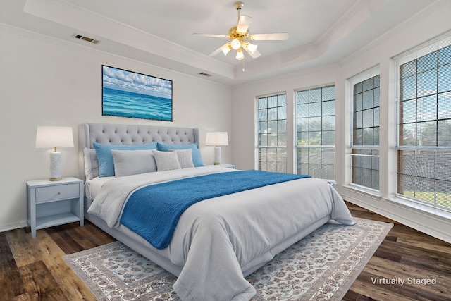 bedroom with multiple windows, a tray ceiling, and dark hardwood / wood-style floors