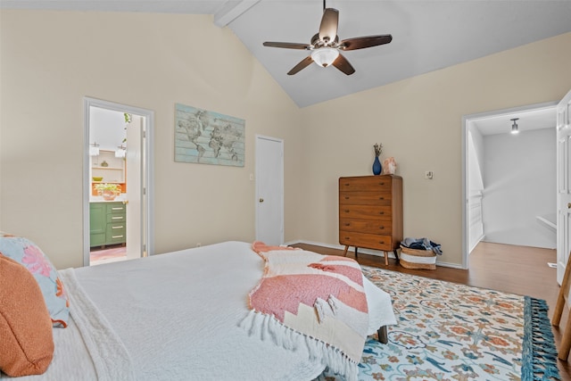 bedroom with high vaulted ceiling, ceiling fan, wood-type flooring, ensuite bathroom, and beam ceiling