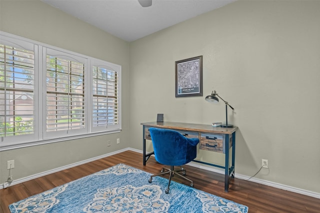 office featuring hardwood / wood-style flooring and ceiling fan