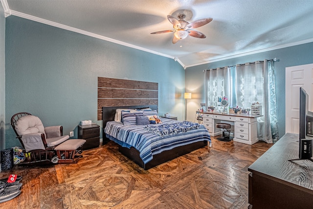 bedroom with ceiling fan, a textured ceiling, crown molding, and parquet flooring