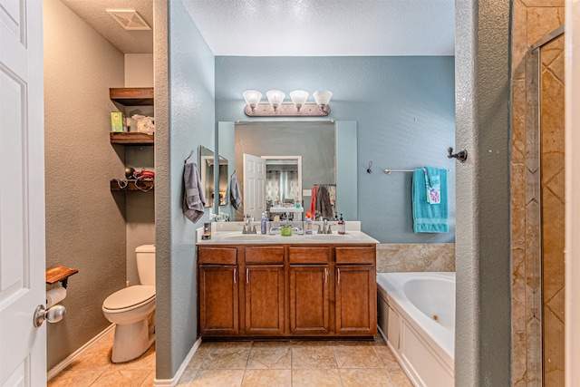 full bathroom with shower with separate bathtub, vanity, tile patterned floors, toilet, and a textured ceiling