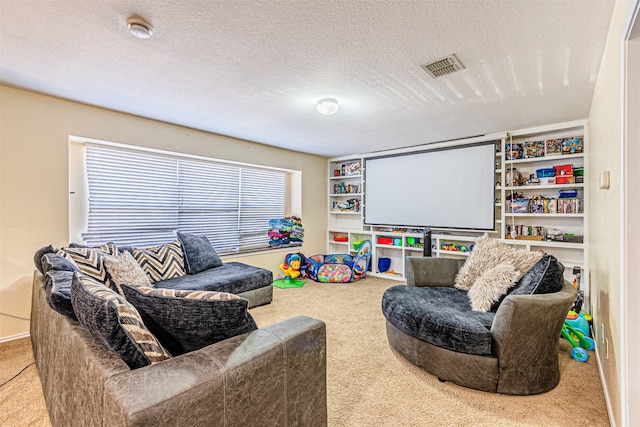 game room featuring carpet floors and a textured ceiling