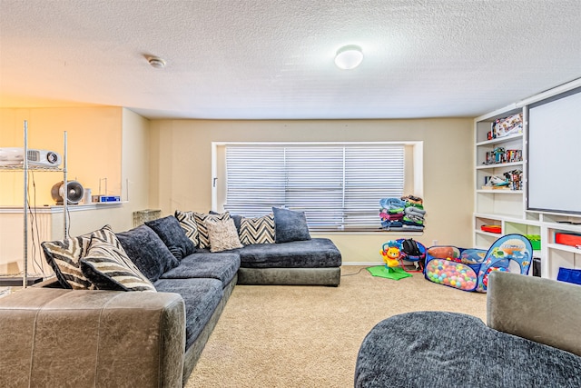 playroom with carpet floors and a textured ceiling