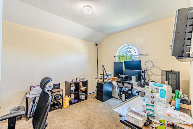 office space featuring vaulted ceiling and carpet flooring