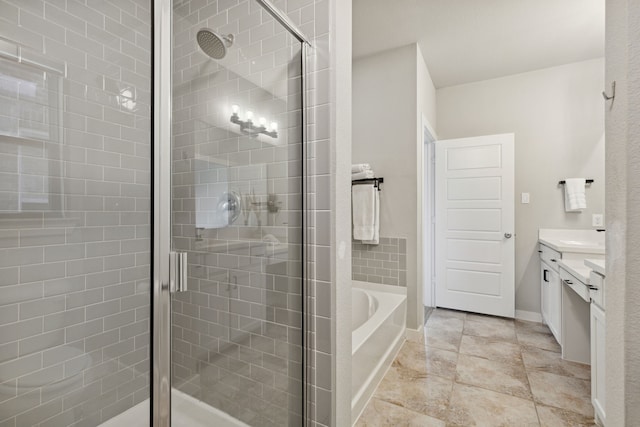 bathroom featuring plus walk in shower and vanity