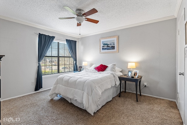 bedroom featuring ceiling fan, a textured ceiling, crown molding, and carpet flooring