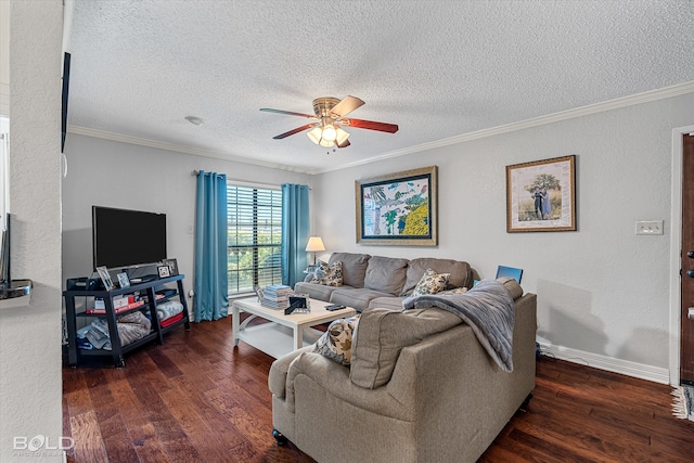 living room with ceiling fan, a textured ceiling, dark hardwood / wood-style floors, and ornamental molding