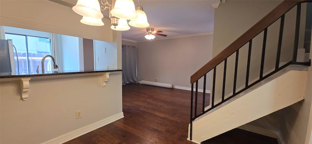 foyer with ceiling fan with notable chandelier, dark hardwood / wood-style floors, and crown molding