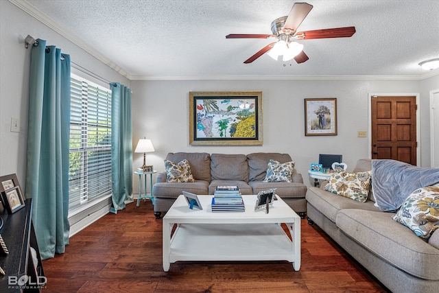 living room featuring a textured ceiling, crown molding, ceiling fan, and dark hardwood / wood-style flooring