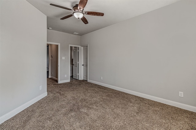 unfurnished bedroom featuring ceiling fan and carpet