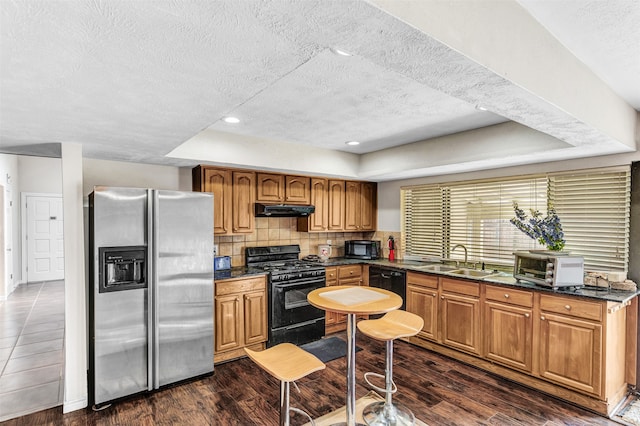 kitchen featuring a raised ceiling, dark hardwood / wood-style floors, black appliances, and sink