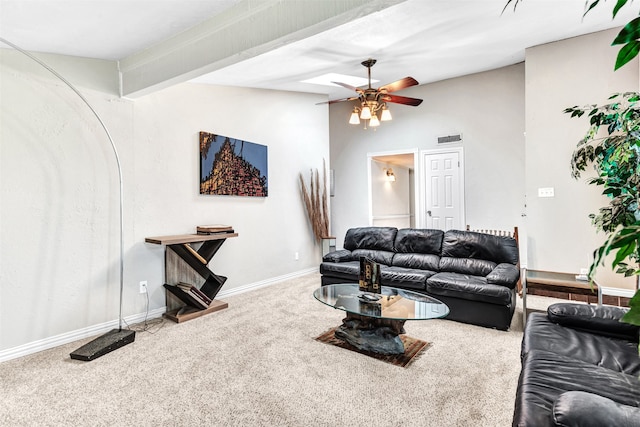 carpeted living room featuring ceiling fan