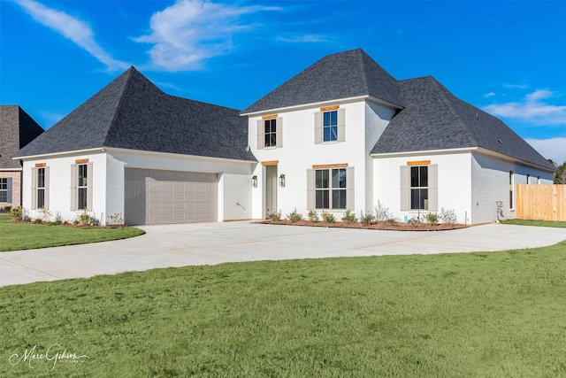 french country inspired facade with a front yard and a garage