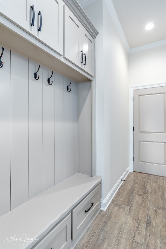 mudroom featuring crown molding