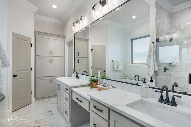 bathroom with vanity, walk in shower, and ornamental molding