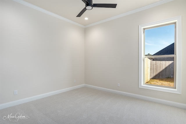 unfurnished room featuring carpet, ceiling fan, and crown molding