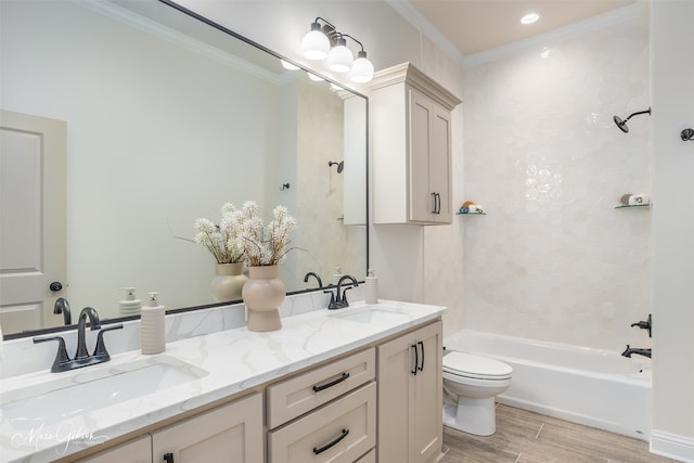 full bathroom featuring shower / bath combination, vanity, crown molding, hardwood / wood-style flooring, and toilet