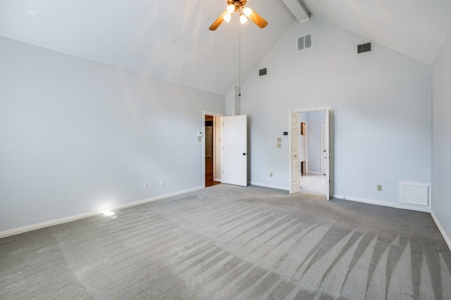 unfurnished bedroom featuring high vaulted ceiling, ceiling fan, carpet floors, and beamed ceiling