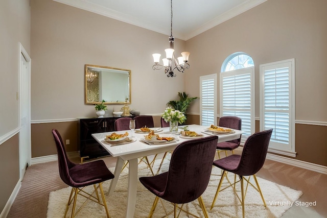 carpeted dining area featuring a notable chandelier and crown molding