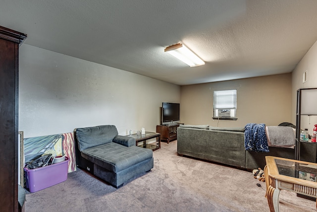 living room with light carpet and a textured ceiling