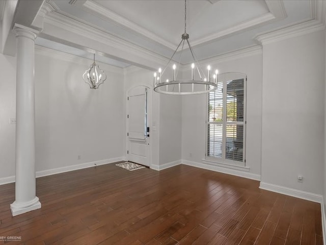 unfurnished dining area with ornate columns, dark hardwood / wood-style floors, crown molding, and a raised ceiling