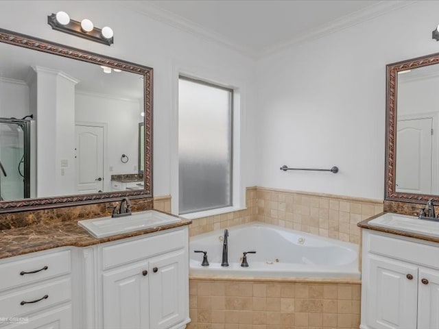 bathroom with crown molding, vanity, and independent shower and bath