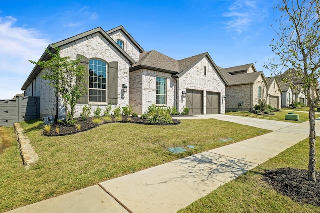 french country inspired facade with a garage, driveway, roof with shingles, a front yard, and brick siding