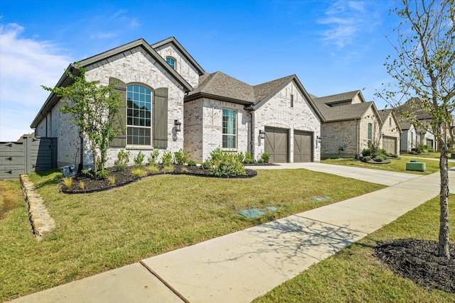 417 Sunnyridge Ln, Little Elm, TX 76227 - french country home featuring concrete driveway, brick siding, an attached garage, and a shingled roof