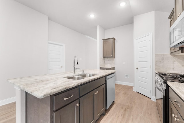 kitchen with light wood-type flooring, backsplash, appliances with stainless steel finishes, and a sink