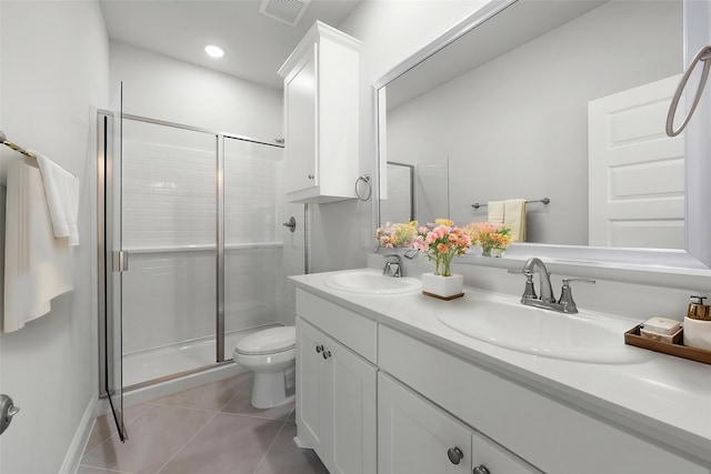 bathroom featuring a sink, toilet, visible vents, tile patterned floors, and a stall shower