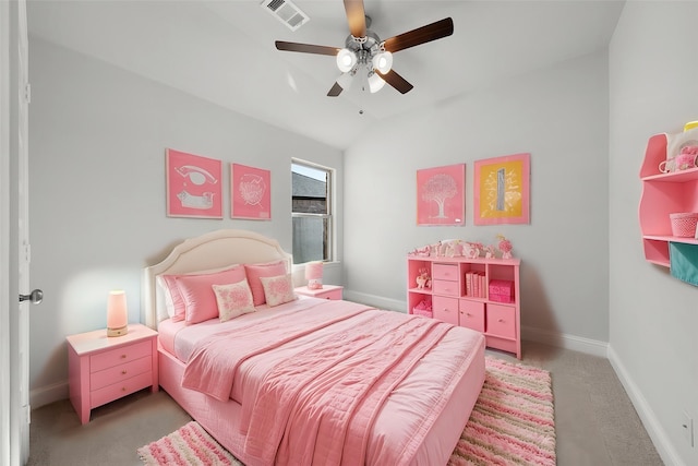 bedroom featuring baseboards, ceiling fan, visible vents, vaulted ceiling, and light carpet