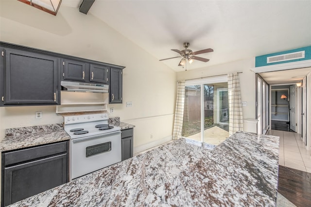 kitchen featuring lofted ceiling with beams, light stone countertops, ceiling fan, wood-type flooring, and white range with electric cooktop