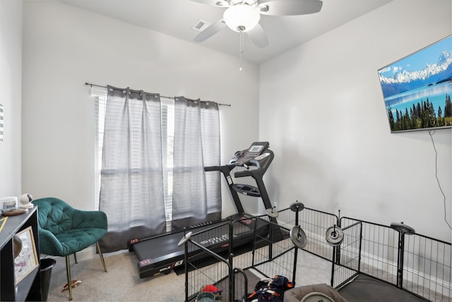 workout room with ceiling fan and carpet