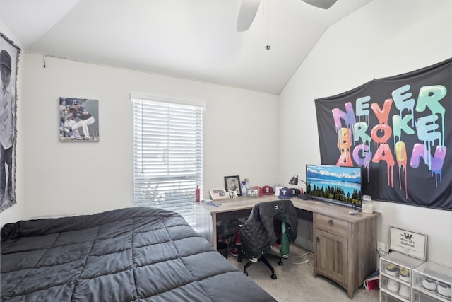 carpeted bedroom with lofted ceiling and ceiling fan