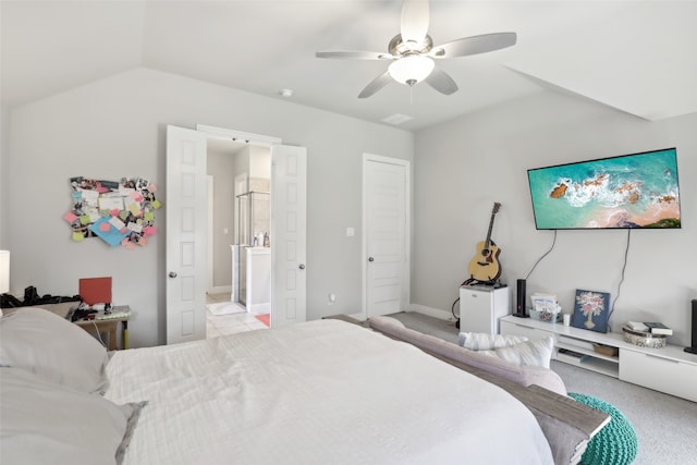 carpeted bedroom featuring lofted ceiling and ceiling fan