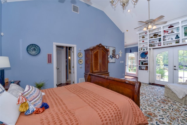 bedroom with high vaulted ceiling, ceiling fan, french doors, access to outside, and ornamental molding