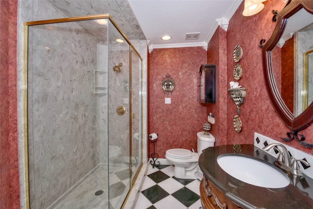 bathroom featuring an enclosed shower, crown molding, vanity, and toilet