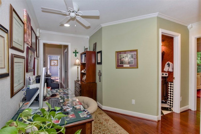 interior space with ornamental molding and dark wood-type flooring