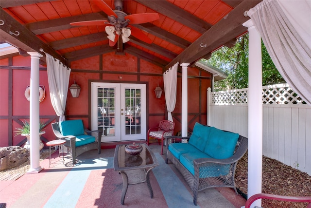 view of patio with outdoor lounge area, ceiling fan, and french doors