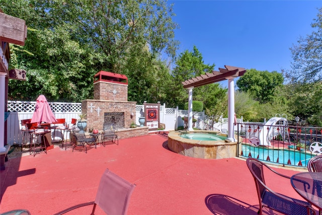 view of patio with a pool with hot tub and an outdoor brick fireplace