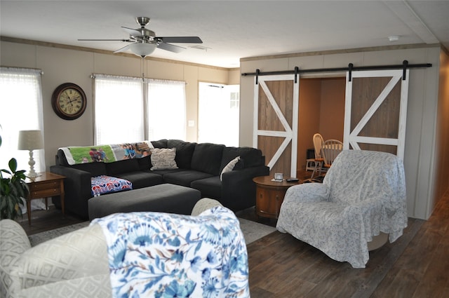 living room with a barn door, ornamental molding, dark wood-type flooring, and ceiling fan