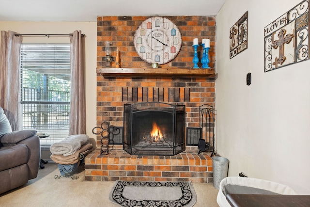 carpeted living room with a fireplace