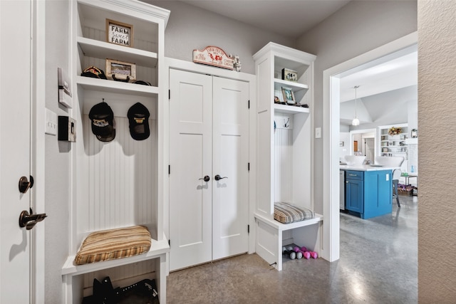 mudroom featuring vaulted ceiling