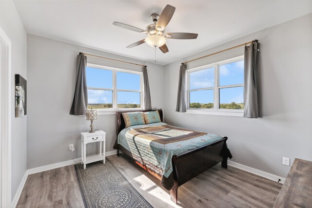 bedroom featuring wood-type flooring, multiple windows, and ceiling fan