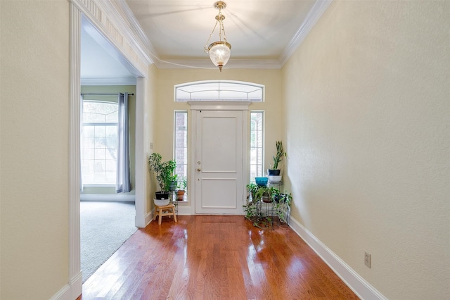 entrance foyer featuring crown molding and wood-type flooring