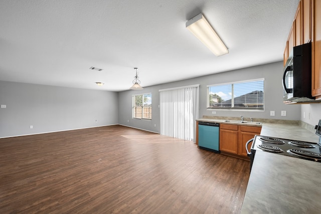 kitchen with stainless steel dishwasher, dark wood-type flooring, range with electric cooktop, pendant lighting, and sink