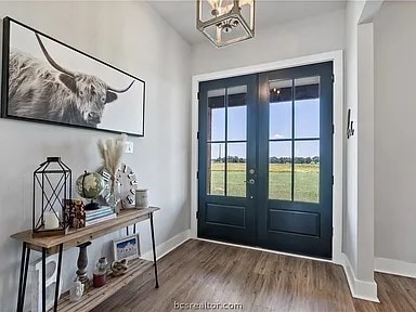 doorway to outside with french doors and dark wood-type flooring